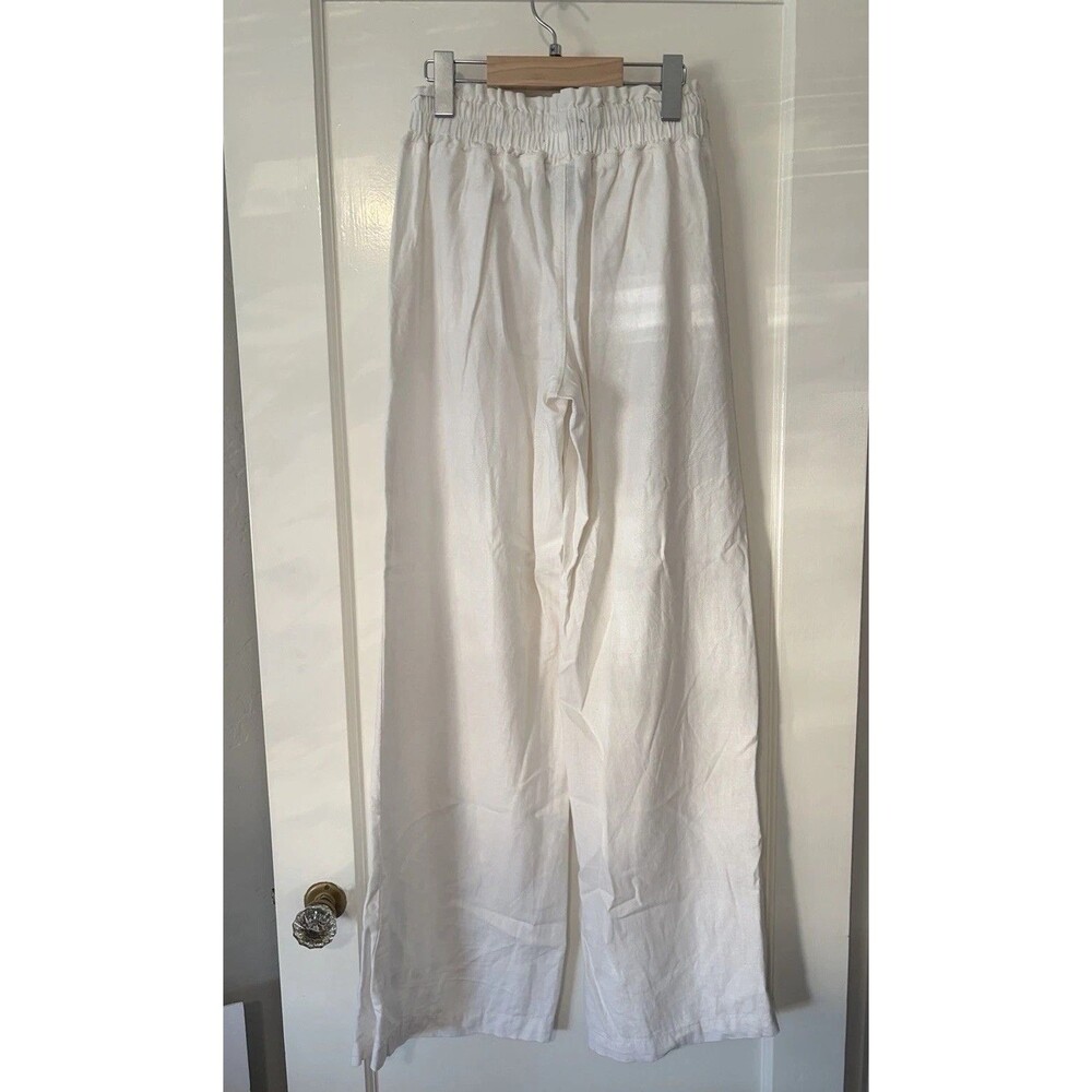 White Linen Blend Pants Wide Leg Elastic Drawstring Waist Rewash Small Coastal - Picture 5 of 11